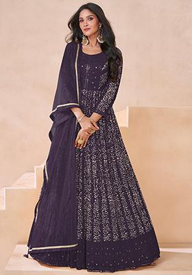Wine Embroidered Georgette Anarkali Kurta Set