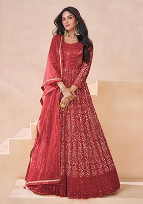 Red Embroidered Georgette Anarkali Kurta Set