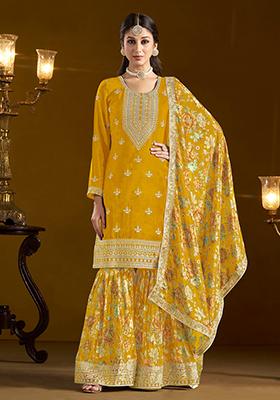 Yellow Embroidered Art Silk Kurta Set