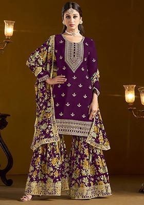 Magenta Embroidered Art Silk Kurta Set