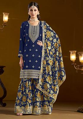 Blue Embroidered Art Silk Kurta Set