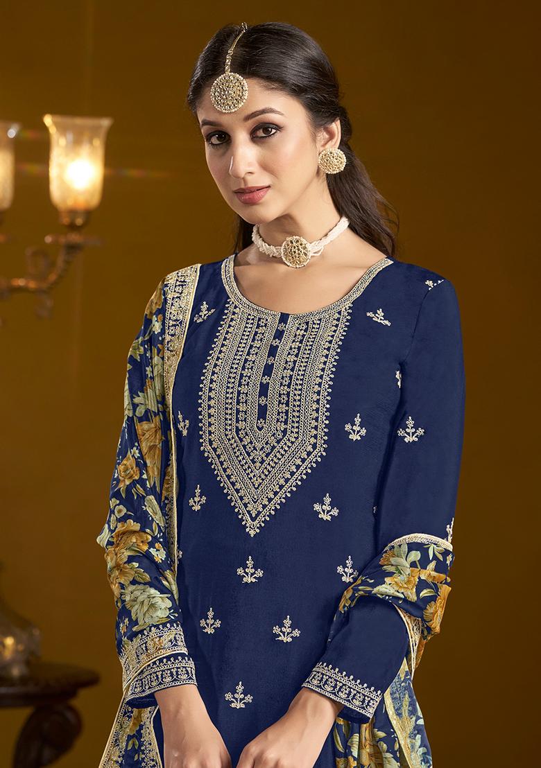 Blue Embroidered Art Silk Kurta Set