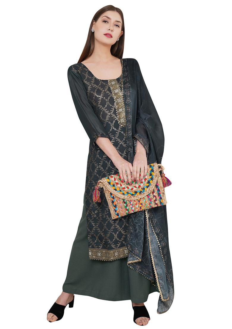 Teal Embroidered Chinon Chiffon Kurta Set