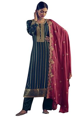 Teal Embroidered Pure Dola Silk Kurta Set