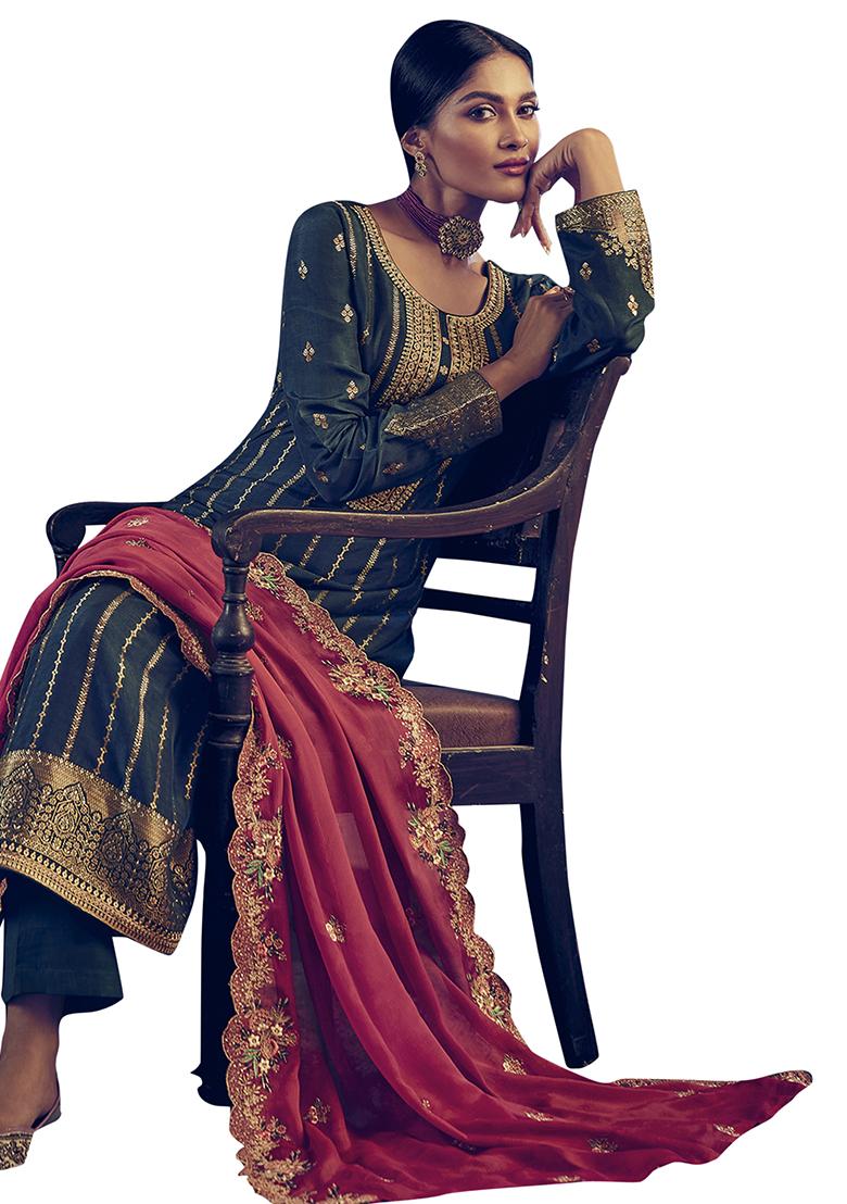 Teal Embroidered Pure Dola Silk Kurta Set