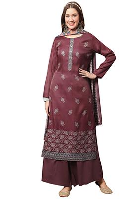 Maroon Embroidered Dola Silk Kurta Set