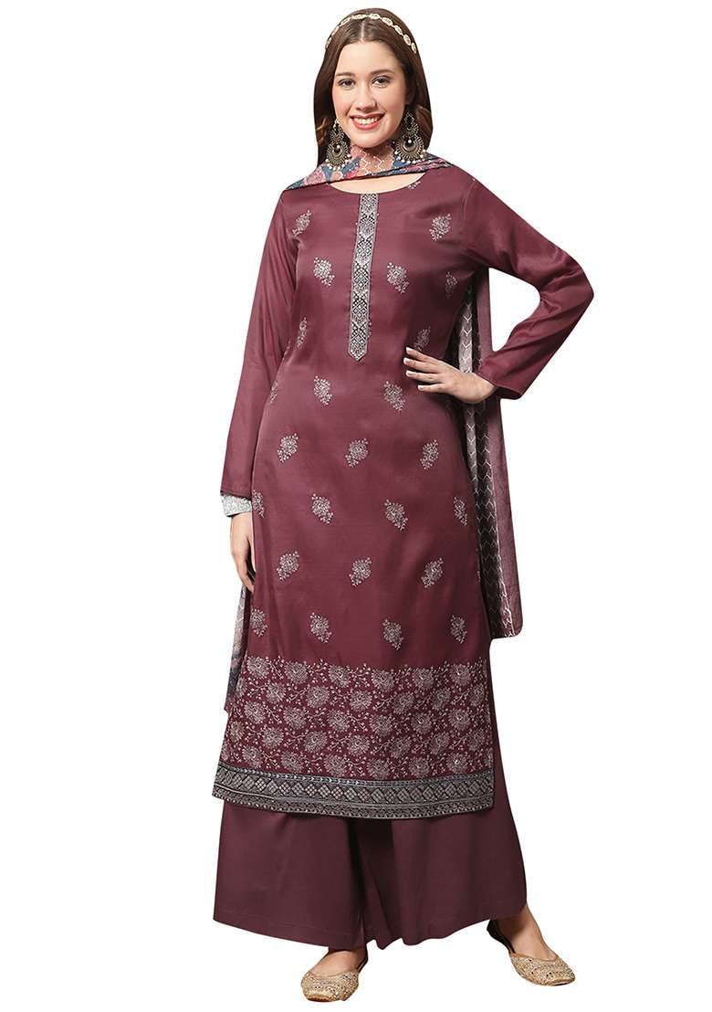 Maroon Printed Silk Blend Straight Kurta Set - Indya