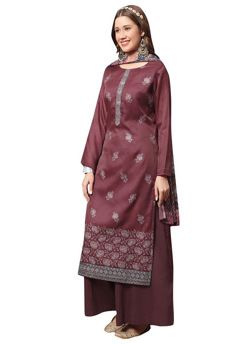 Maroon Embroidered Dola Silk Kurta Set
