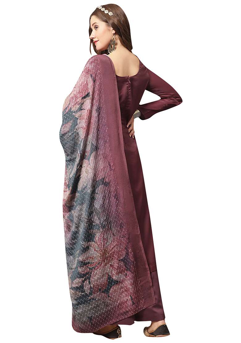 Maroon Printed Silk Blend Straight Kurta Set - Indya