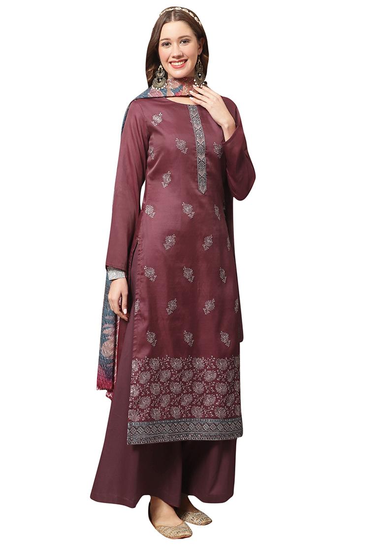Maroon Embroidered Dola Silk Kurta Set