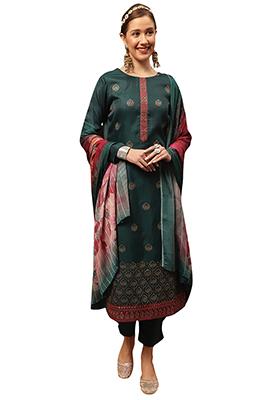Teal Embroidered Dola Silk Kurta Set