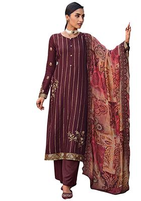 Maroon Embroidered Dola Silk Kurta Set