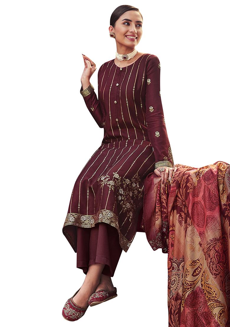 Maroon Embroidered Dola Silk Kurta Set