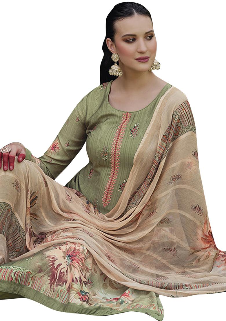 Olive Green Embroidered Muslin Kurta Set