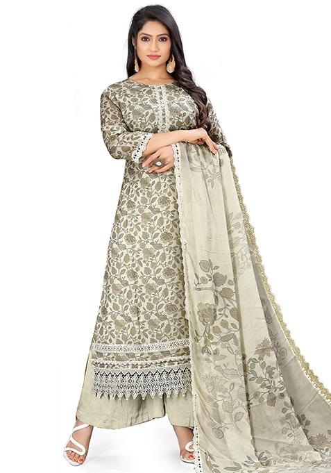 Cream Digital Print Georgette Kurta Set