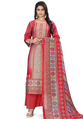 Red Digital Print Muslin Kurta Set