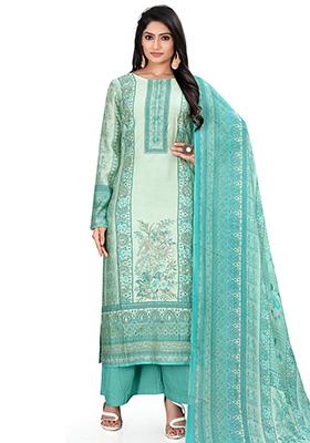 Turquoise Blue Digital Print Muslin Kurta Set