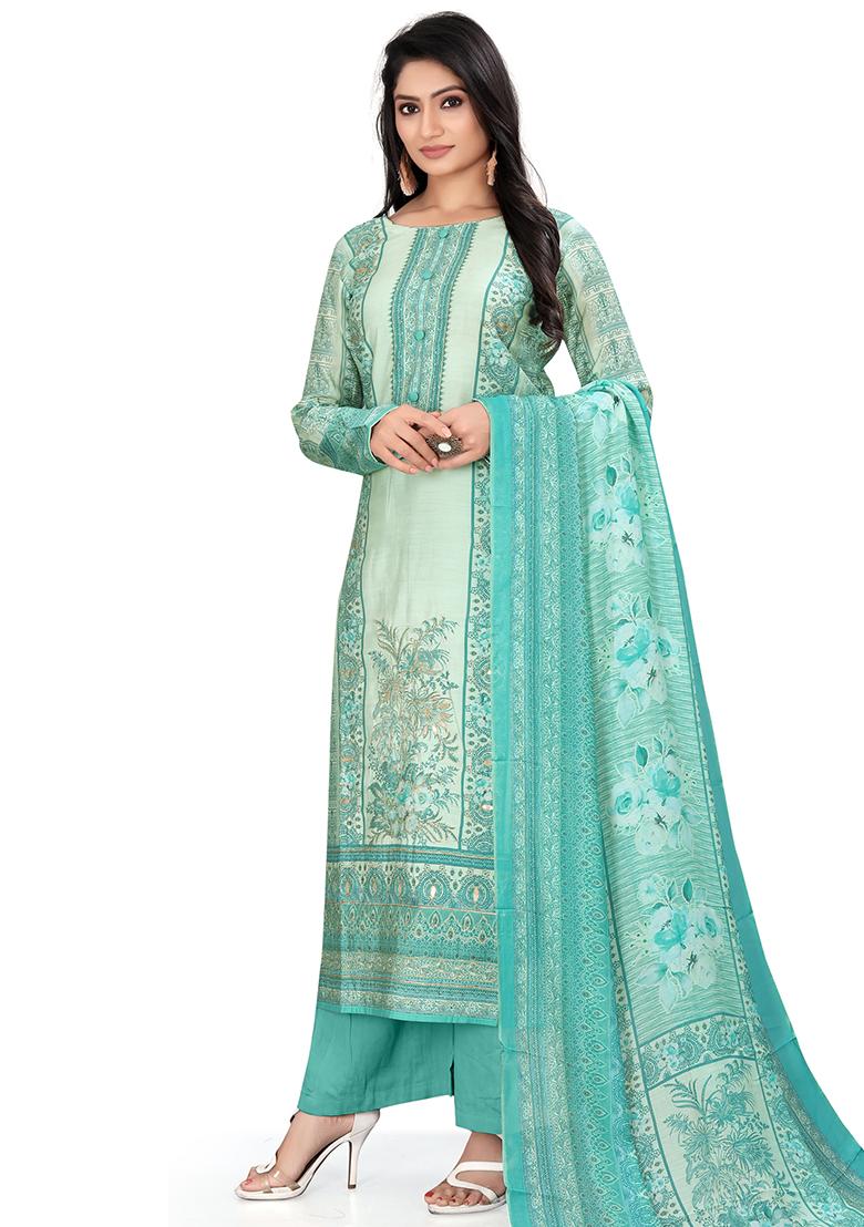 Turquoise Blue Digital Print Muslin Kurta Set