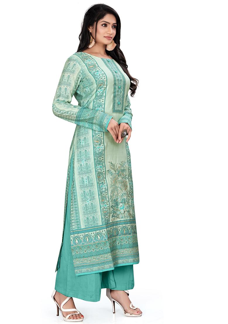 Turquoise Blue Digital Print Muslin Kurta Set