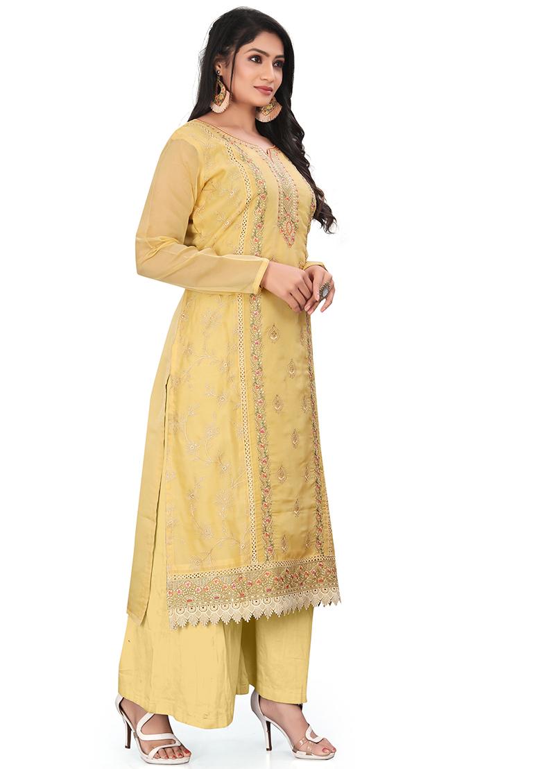 Yellow Embroidered Organza Kurta Set