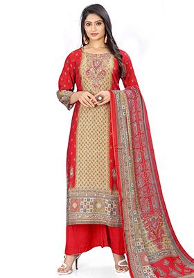 Red Digital Print Muslin Kurta Set