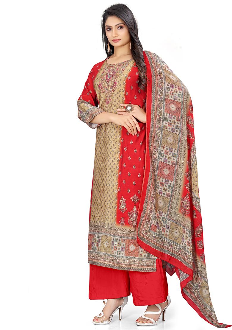 Red Digital Print Muslin Kurta Set