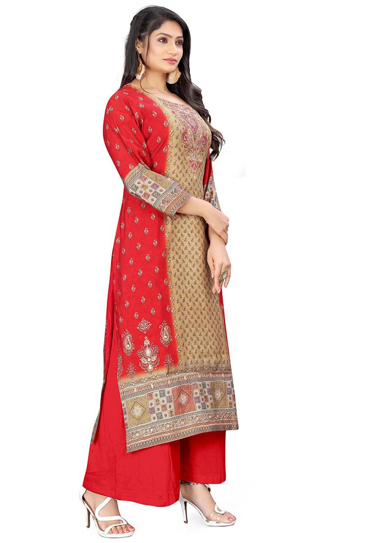 Red Digital Print Muslin Kurta Set