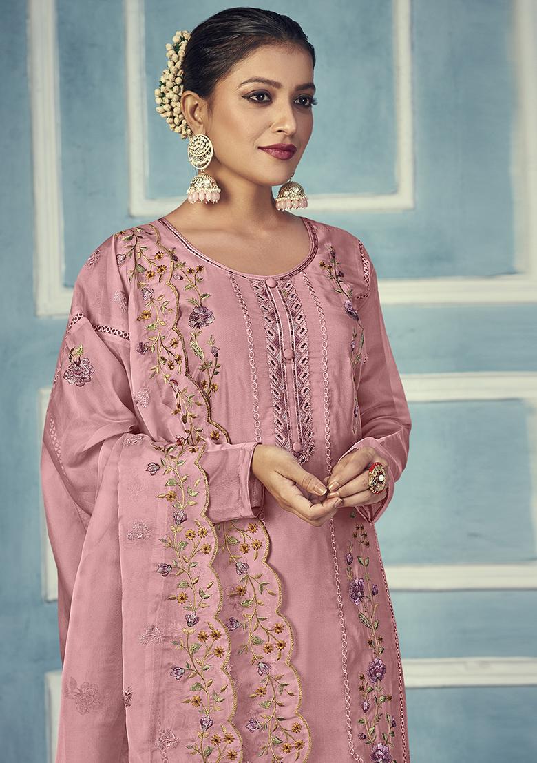 Pink Embroidered Organza Kurta Set