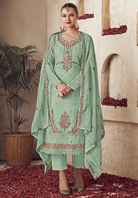 Green Embroidered Organza Kurta Set