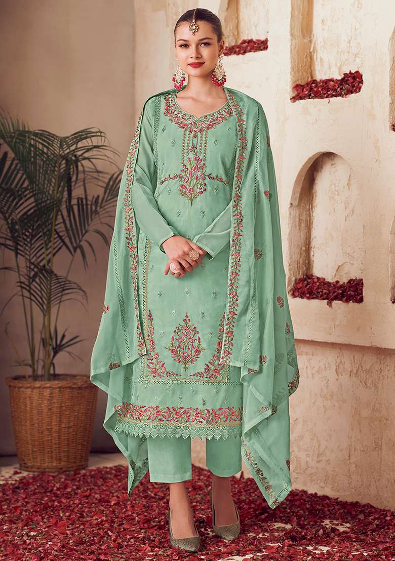 Green Embroidered Organza Pakistani Suit Set - Indya