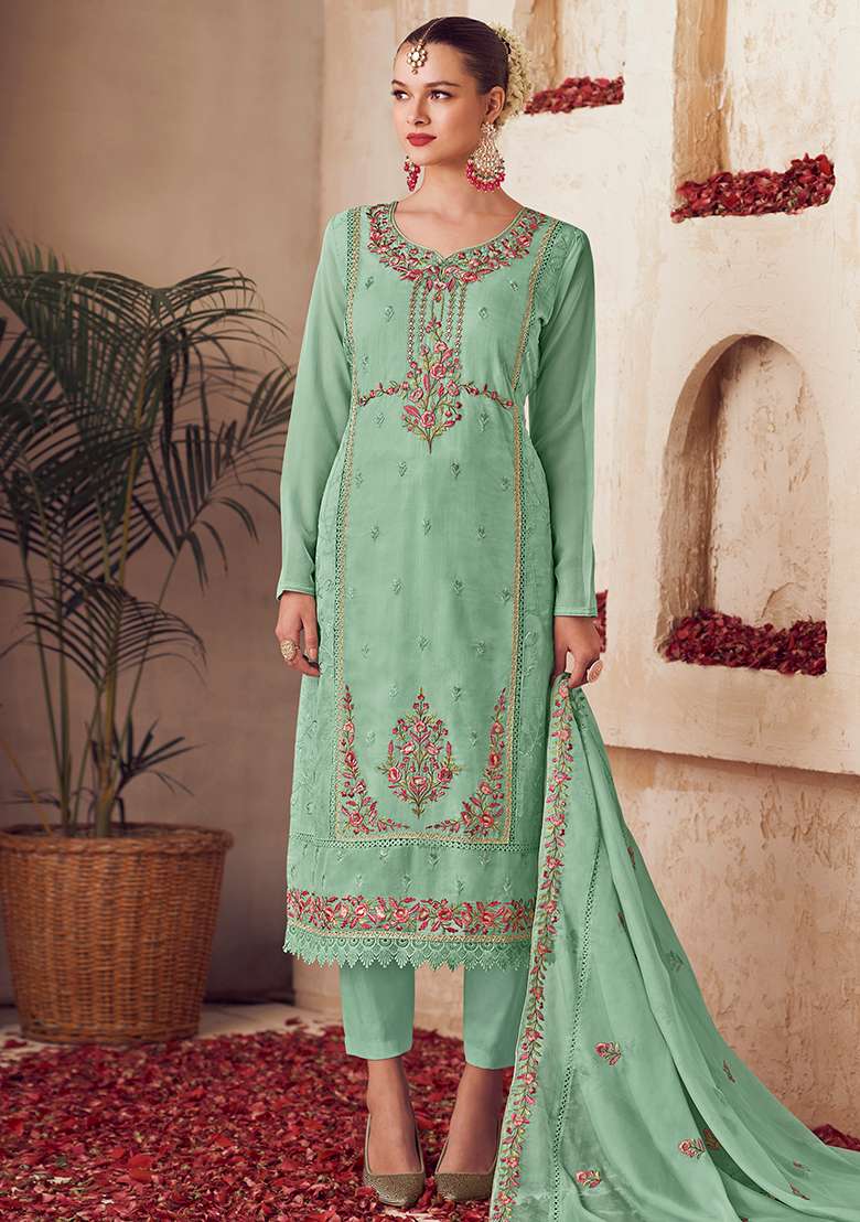 Green Embroidered Organza Pakistani Suit Set - Indya