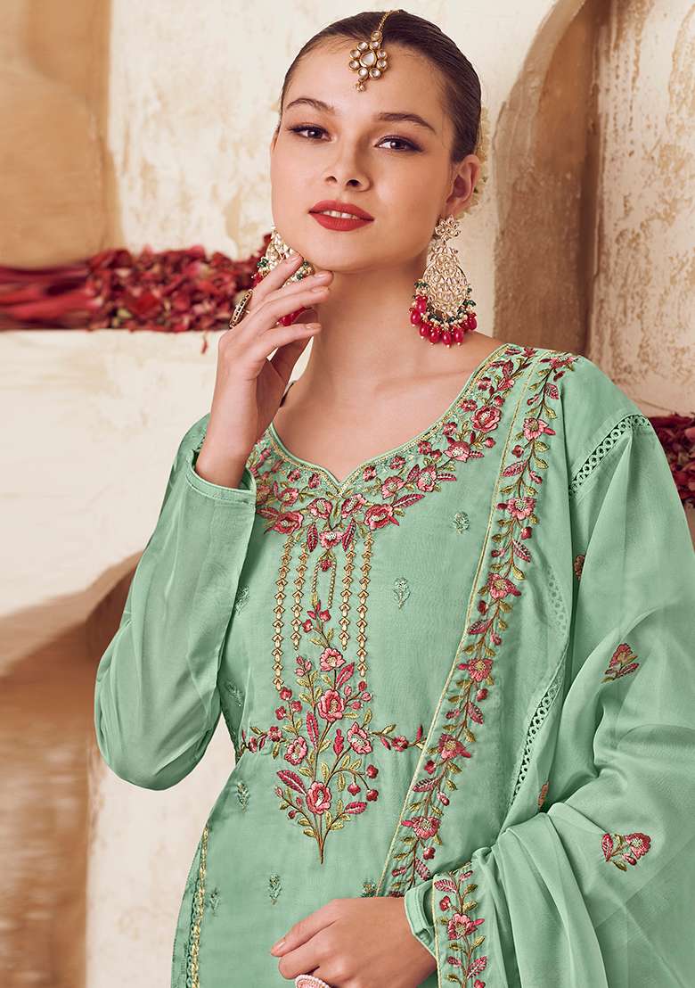 Green Embroidered Organza Pakistani Suit Set - Indya