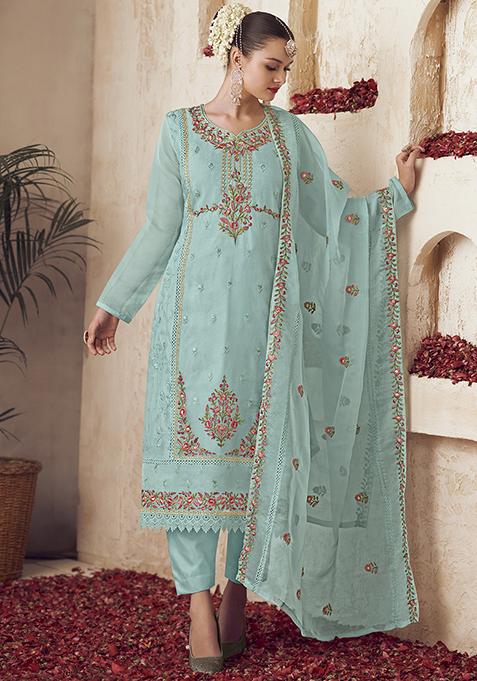 Turquoise Blue Embroidered Organza Kurta Set