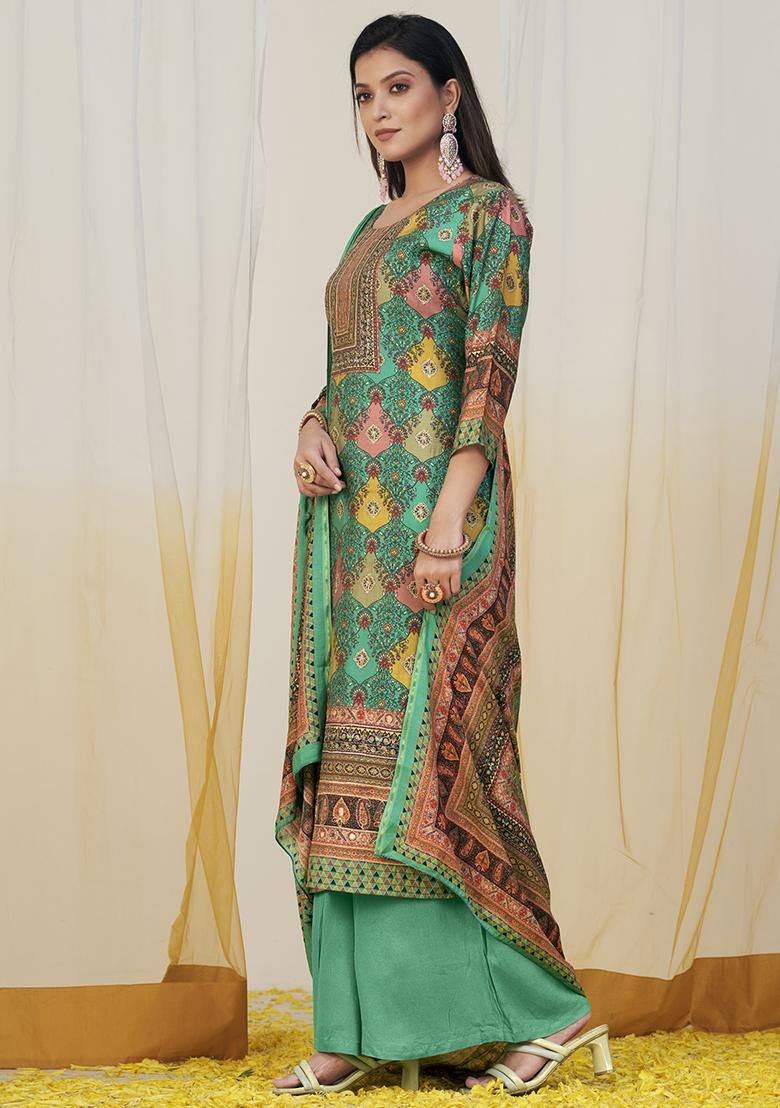 Green Digital Print Muslin Kurta Set