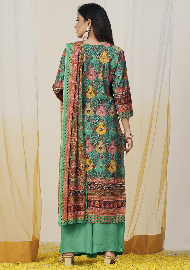 Green Digital Print Muslin Kurta Set