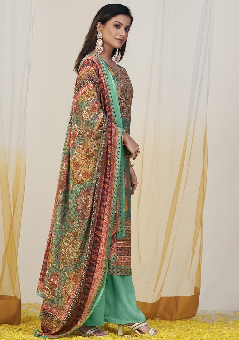 Green Digital Print Muslin Kurta Set