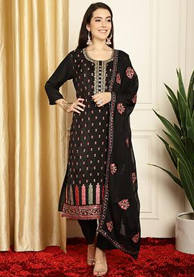 Black Embroidered Pure Silk Kurta Set
