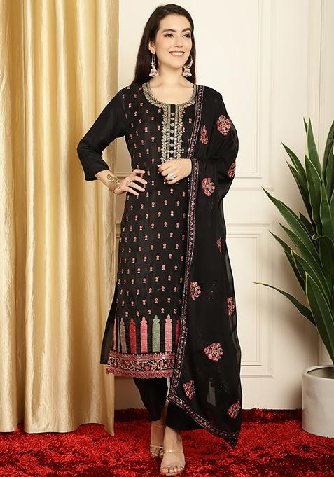 Black Embroidered Pure Silk Kurta Set