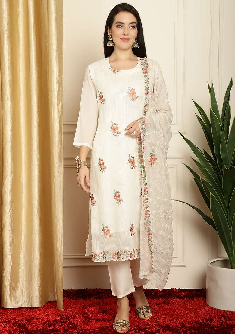 Off White Embroidered Georgette Kurta Set - Indya