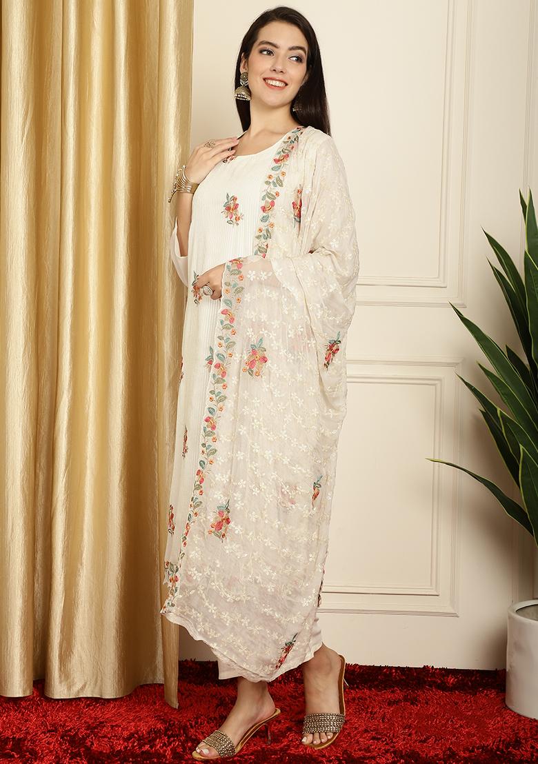 Off White Embroidered Georgette Kurta Set