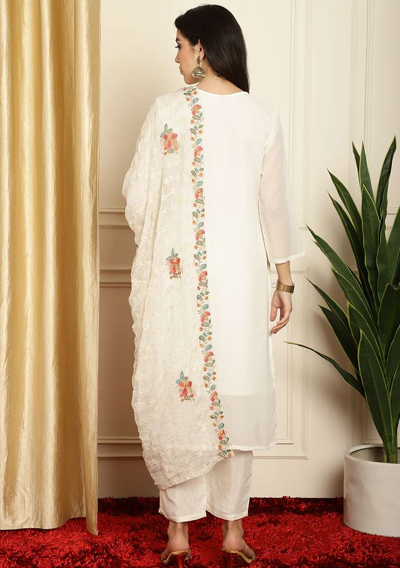 Off White Embroidered Georgette Kurta Set - Indya