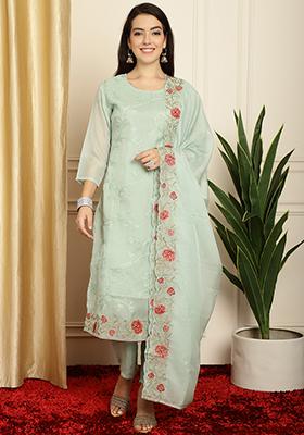 Green Embroidered Organza Kurta Set