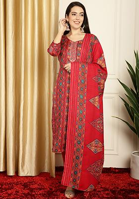 Red Digital Print Pashmina Kurta Set