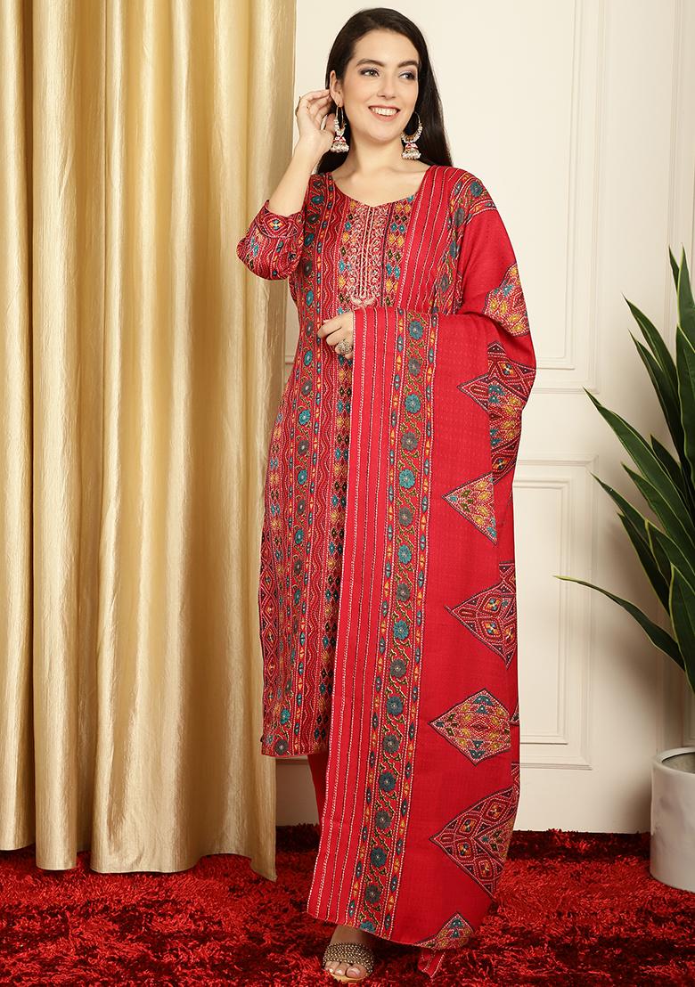 Red Digital Print Pashmina Kurta Set