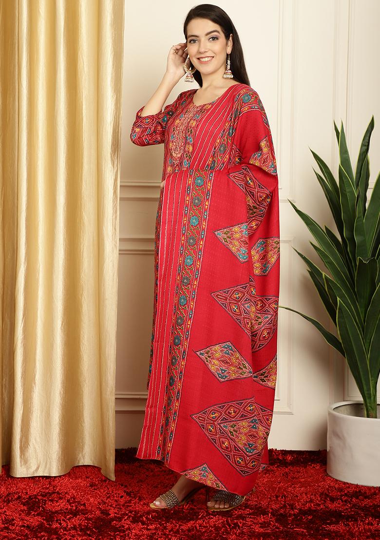 Red Digital Print Pashmina Kurta Set