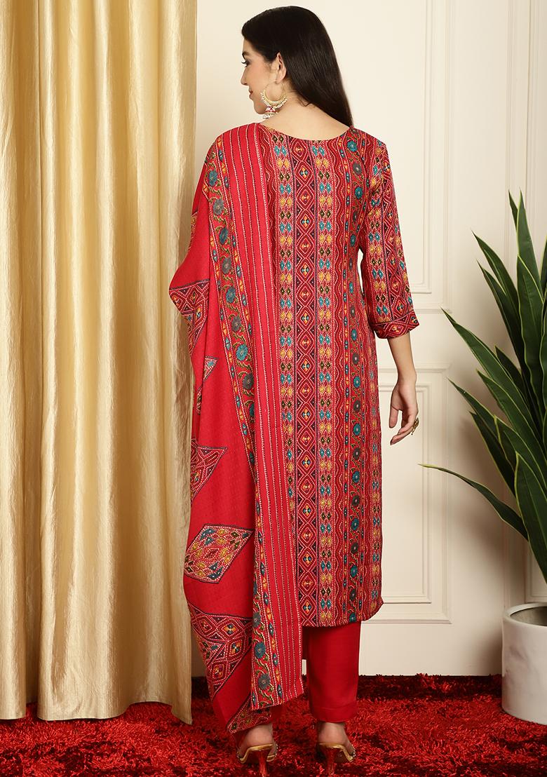 Red Digital Print Pashmina Kurta Set