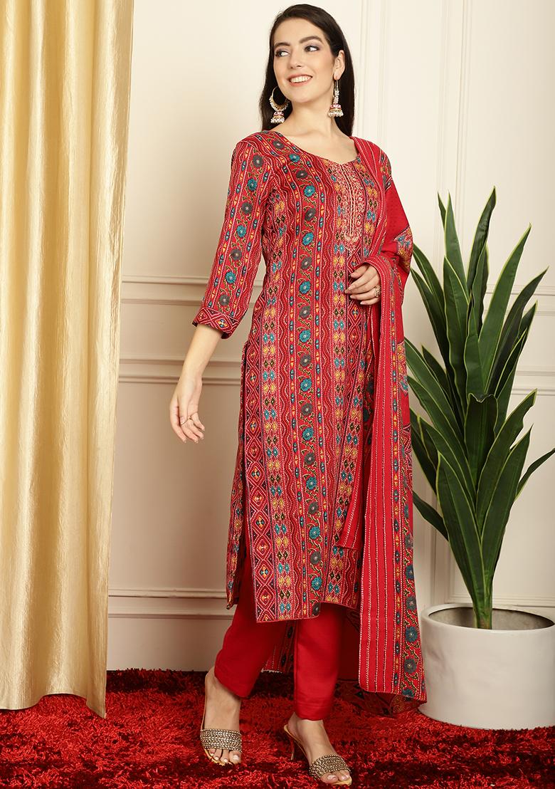 Red Digital Print Pashmina Kurta Set