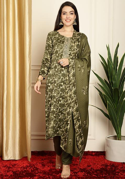 Green Digital Print Pashmina Kurta Set