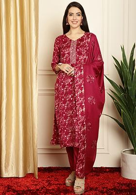 Red Digital Print Pashmina Kurta Set