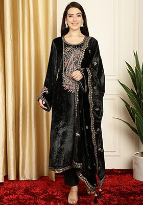 Black Embroidered Velvet Kurta Set
